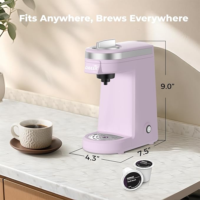 CHULUX Mini Single One Cup Coffee Maker for K Pod, Auto Shut Off, Lavender | Fast-Heating Boiler System, Single Cup Brewing, Portable Compact Design, Four-Hole Multi-Stream Needle, Adjustable Drip Tray - Image 7