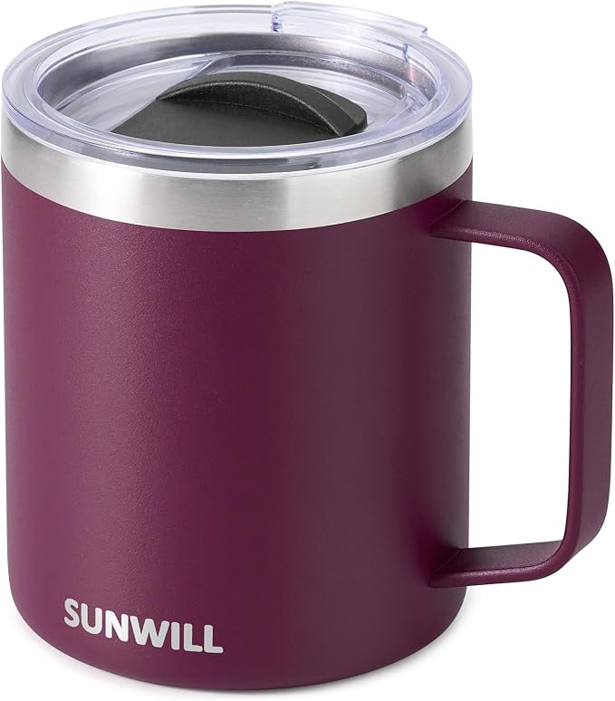 SUNWILL Travel Coffee Mug with Lid, Insulated Tumbler with Handle, 14 oz Stainless Steel Cup for Camping, Office, Home, Powder Coated Plum by SUNWILL