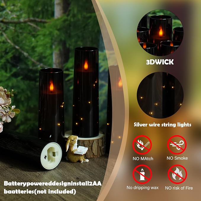 Sasigeiaa Flameless Candles with Embedded Star String - Battery Operated LED Candles, with Remote,12 Black Flickering Candles for Christmas, Weddings, Home Decor & Party,(D 2.3"×H 5" 6" 7") - Image 4