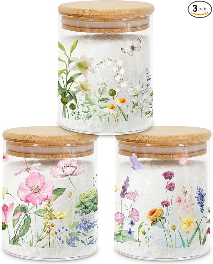 Spring Floral Glass Storage Jars with Lids, Candy Cookie Jars, 3Pcs | Wildflower Spring Canister Set for Kitchen Counter Butterfly Airtight Candy Cookie Containers for Girls by Culudea