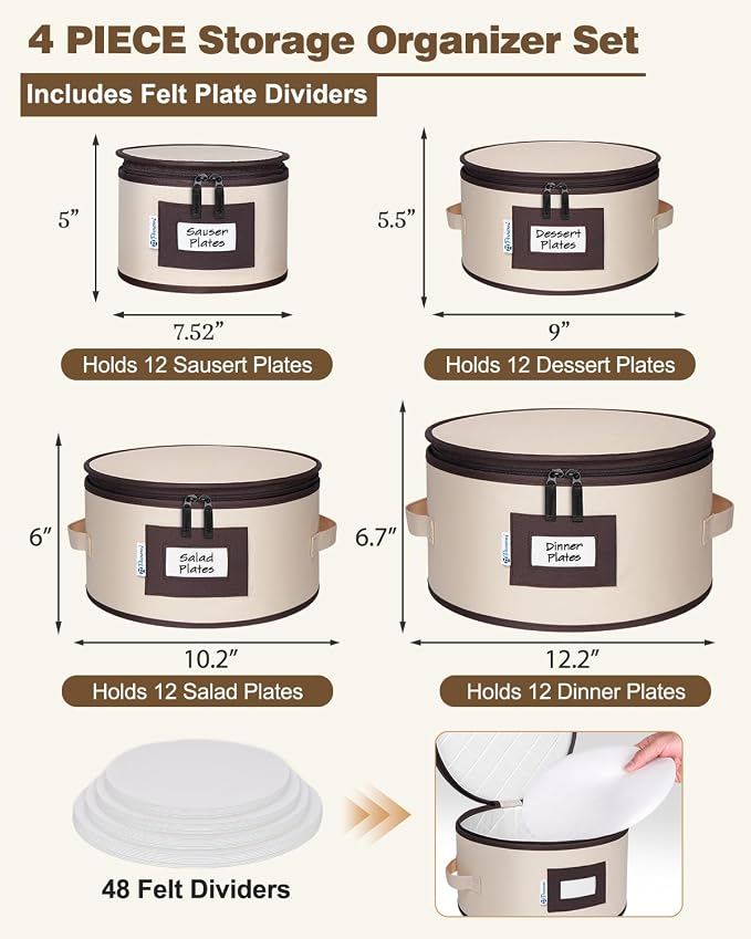 China Storage Containers, 4-Pack Hard Shell Plate & Dish Cases for Moving | Padded dividers and quilted lining protect plates and dishes; stackable for moving and holiday storage, beige hold set of 12 - Image 2