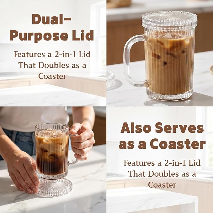 Noamus 4 Pack Glass Coffee Mugs with Lid and Spoon, 13oz Ribbed Vertical Stripes Tea Cup, Classic Clear Drinking Glassware Set for Hot Cold Beverage, Housewarming Christmas Anniversary Birthday Gift - Image 3