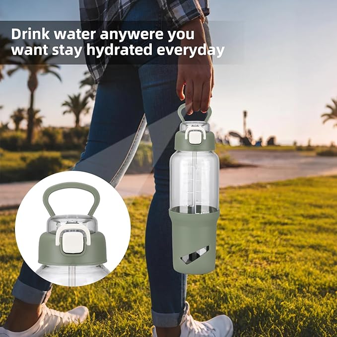 SIEROZUR 32 oz Glass Tumbler with Straw, Glass Water Bottles with 2 Lids-Handle Spout Lid & Straw Lid, 1 Liter Motivational Water Bottles, Silicone Sleeve, Fits Car Cup Holder,White