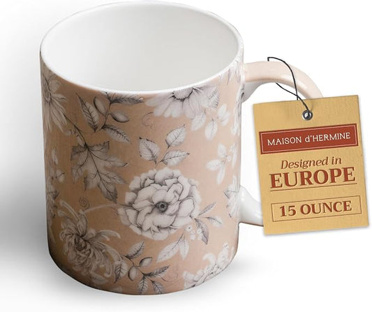 Maison d' Hermine Coffee Mug with Handles Tea Cups (15 Ounce, Pack of 1) | Fine Bone China Coffee Mugs for Hot Beverages Cappuccino Latte Home Restaurant Spring Summer -Pretty Autumn - Pretty Mono by MaisondHermine