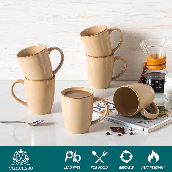 vancasso PLAYA Ceramic Coffee Mug Set of 6, 16 Oz Tea Cups with Handle for Latte, Tea, Cappuccino, Milk, Cocoa, Microwave&Dishwasher Safe, Brown - Image 3