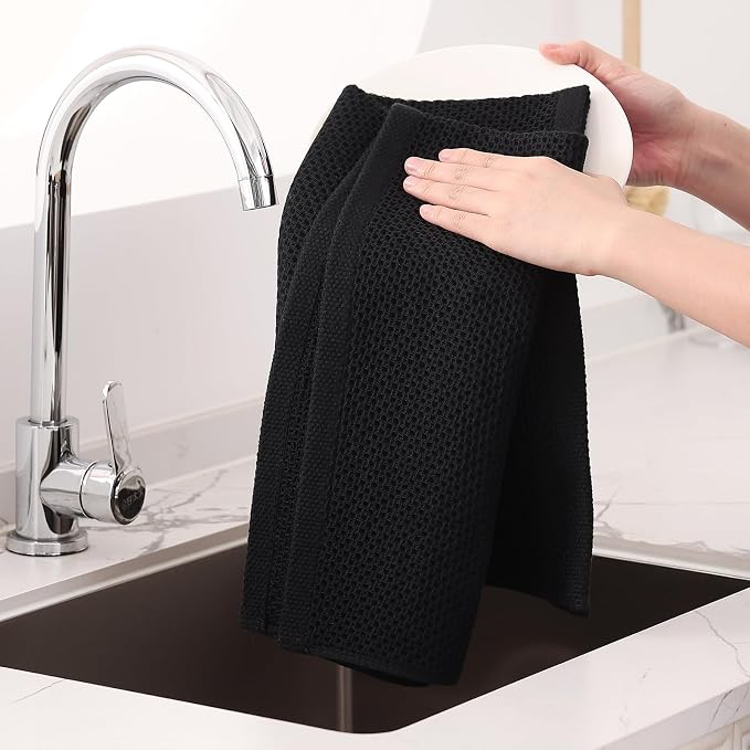 Homaxy 100% Cotton Oversized Waffle Weave Kitchen Towels 6-Pack, Black | 20 x 28 Inches, Ultra Soft Absorbent Dish Towels, Quick Drying Large Cleaning Towels - Image 4