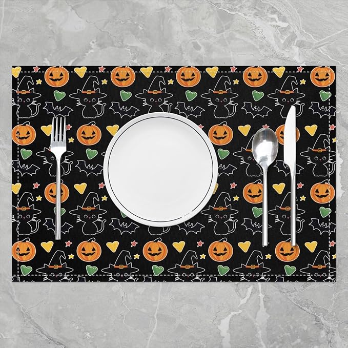 Feelyou Happy Halloween Placemats Set of 4 Pumpkin Lantern Table Mats for Party Kitchen Dining Decoration Black Orange Green Place Mat for Table Holiday Decor Indoor Outdoor 18"x12" Non-Slip - Image 2