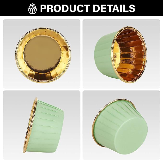 EUSOAR Cupcake Cups, 50pcs 3.5oz Muffin Cupcake Liners Disposable Ramekins, Aluminum Foil Wrappers Paper Dessert Containers Mini Cheesecakes Holders for Birthday Wedding Party-Light Green/Gold - Image 3