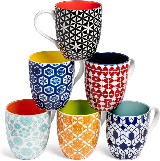 Annovero Large Coffee Mug Set of 6 - Porcelain Cups for Women or Men - Microwave & Dishwasher Safe, Chip Resistant, Zero Lead & Cadmium, for Tea, Cocoa, or Hot Chocolate, 16 Fluid Ounce Capacity by Annovero