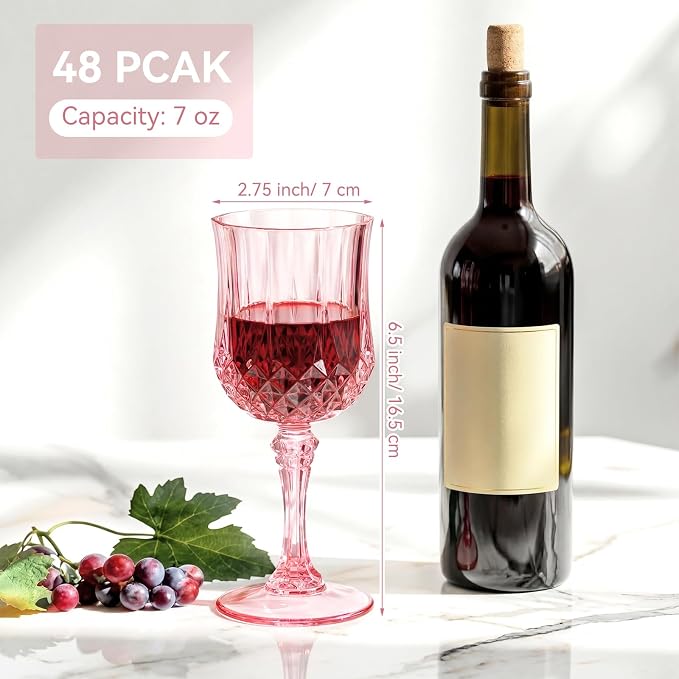 Sliner 96 Pcs 7oz Plastic Vintage Wine Glasses Drinking Goblets Unbreakable Crystal Water Glassware Reusable Diamond Champagne Flutes Cups for Wedding Banquet Birthday Party Supplies (Pink) - Image 3