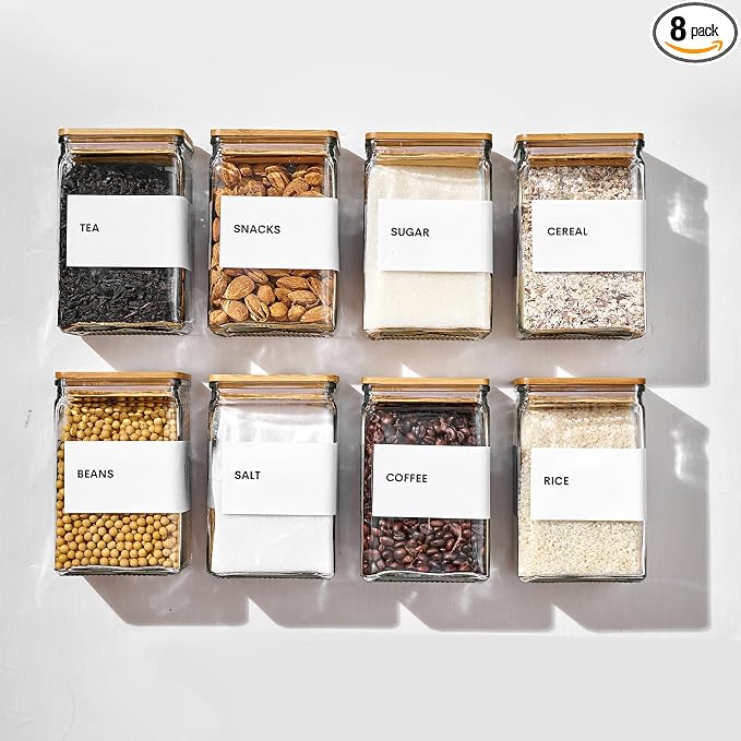 Glass Storage Jars with Bamboo Lids, 27oz Square Spice Jars for Kitchen Pantry Organization, Glass Seasoning Bottles Spice Containers with Labels for Cereal Flour Beans Tea by Unknown