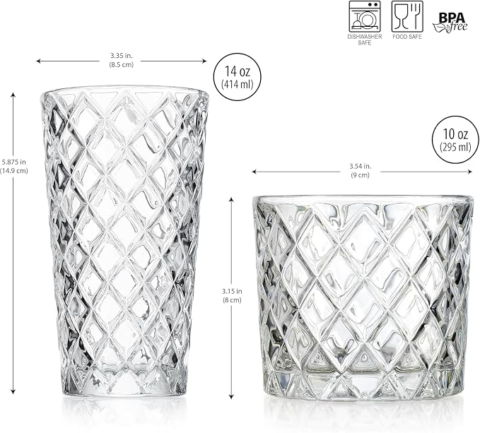 Drinking Glasses Set of 16 Premium Diamond Cut Textured Glassware 8 Highball Glasses 17 oz and 8 Whiskey Glasses 10 oz Elegant Drinking Glasses - Image 6