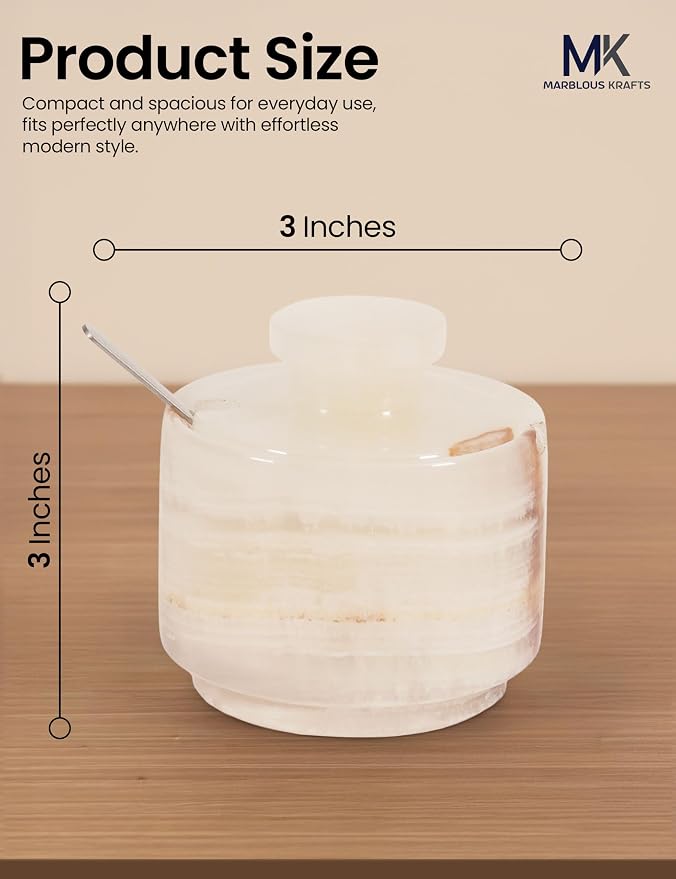 Salt Cellar with Lid and Spoon 3" Inch White Onyx Salt and Pepper Dish, Marble Sugar and Salt Bowls, Ideal for Easter Table Decor and Kitchen Countertop Storage - Image 3