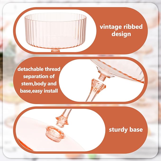 Jingmore 48 Pcs Ribbed Martini Glasses 10 oz Disposable Plastic Vintage Ribbed Coupe Glasses Unbreakable Dessert Parfait Glassware for Wedding Birthday Party Supplies (Champagne Powder) - Image 4