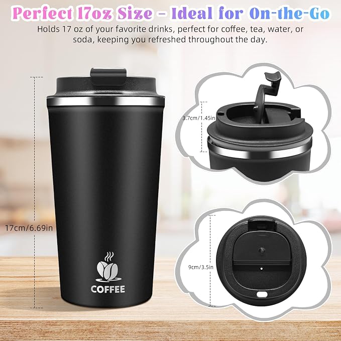 17oz Insulated Travel Coffee Mug with Flip Lid ¨C Leakproof Stainless Steel Insulated Coffee Tumblers, Reusable Coffee Cup for Hot & Cold Drinks, Perfect for Camping & On-the-Go - Image 2