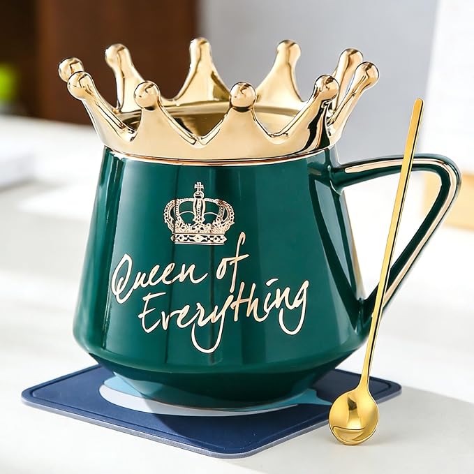 Arawat Queen of Everything Mug with Lid Crown Queen Elizabeth Mugs 12 oz Ceramic Cup Birthday Gifts for 20 30 40 50 60 70 80 90 Women Gift for Women Girl Mom Friend Valentine's Day Gifts for Women Man by ARAWAT