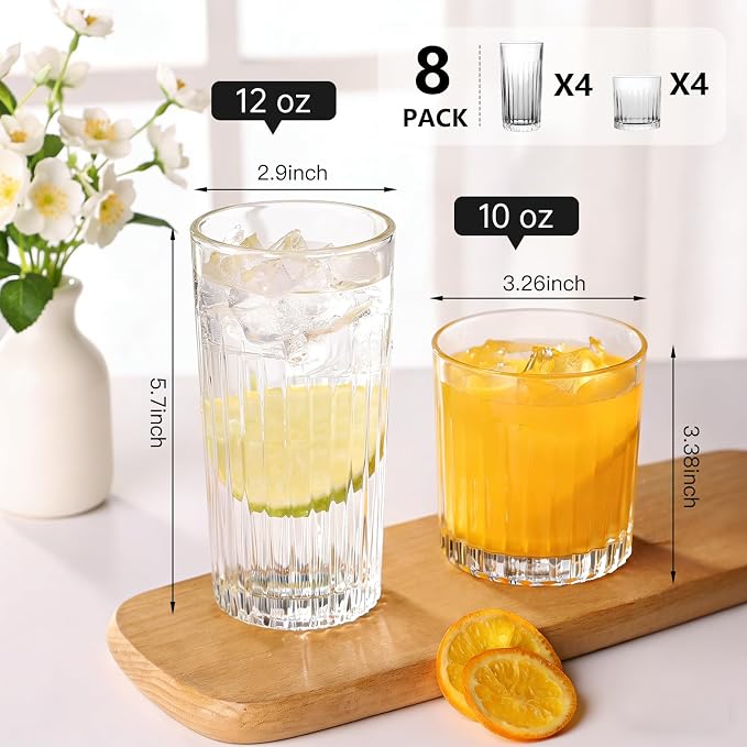 Laerjin Drinking Glasses Set of 8, 12 oz Highball Glasses & 10 oz Cocktail Glasses Set, Ribbed Glass Cups,Thick Glass Cups, Kitchen Water Glasses Cup, Bar Tumbler Glassware for Beer, Whiskey(Clear) - Image 4