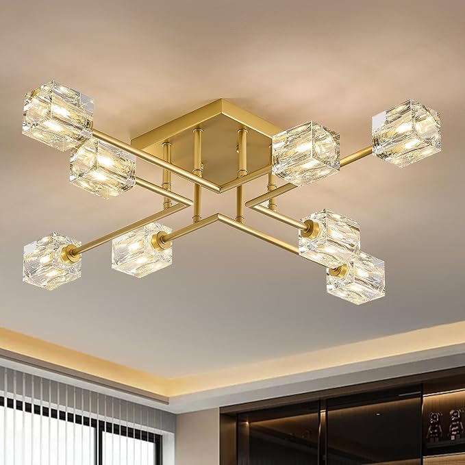8-Light Gold Sputnik Chandeliers Modern Crystal Semi Flush Mount Ceiling Light Fixture L 31.5" Industrial Chandelier for Living Room Dining Room Foyer Entryway Kitchen Bedroom by PoemoonLighting