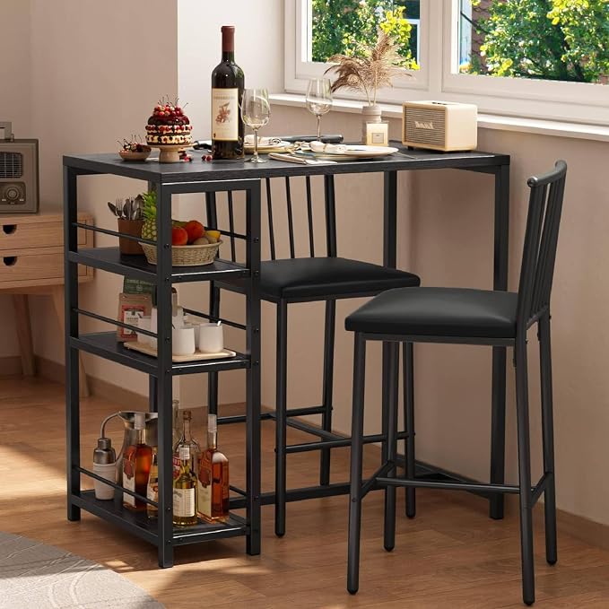 Gizoon 3-Piece Bar Dining Table Set for 2, Kitchen Table w/Shelves Black | Space-saving black bar height table set with 3 storage shelves. Includes 2 high-density PU cushion chairs that tuck away. by Gizoon