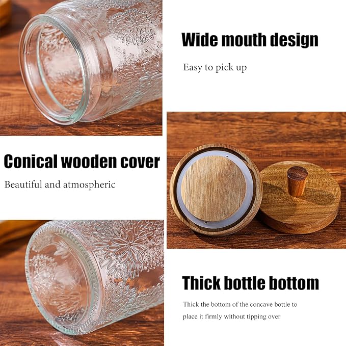 Vintage Glass Jars with Airtight Wood Lids & Handles - 16.9 OZ Set of 4 - Coffee Jars,Tea Canisters,Candy Jars for Flour,Sugar- Kitchen Pantry Containers (4, Rippling wheat pattern) - Image 3