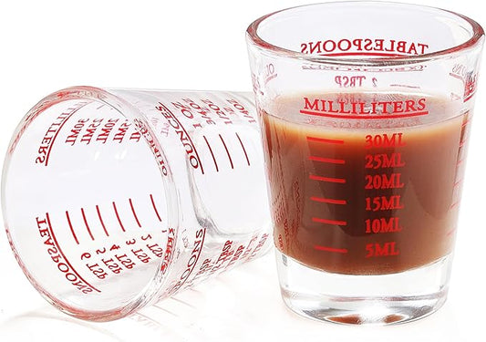 Shot Glass Measuring Cup, 2PCS Measuring Shot Glasses, Thick Base Liquid Measuring Cup for Espresso Shot Glass and Measuring Glasses, Four Different Units of Measure(1 OZ, 2 TBS, 6 TSP, 30 ML)