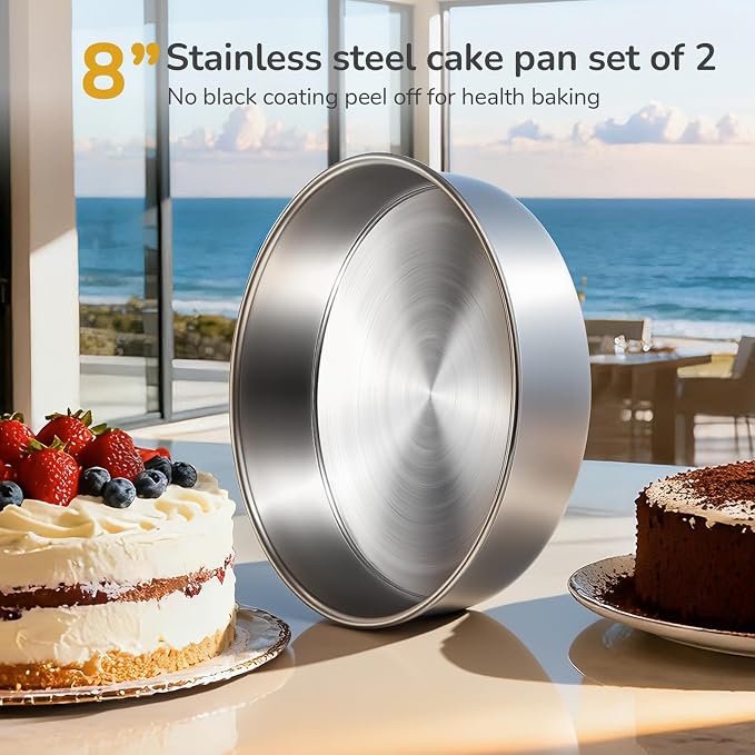 8 inch Cake Pans, Round Baking Layer Cake Pan Set of 2, Stainless Steel Mirror Finish & Dishwasher Safe for Birthday, Party, Wedding - Image 8