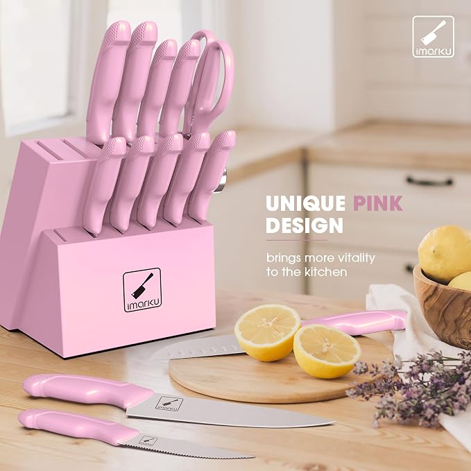 imarku 14-Piece Japanese High-Carbon Stainless Steel Kitchen Knife Set，Pink | Knife Set with Block|15°Precision Edge | 56±2 HRC Hardness | Built-in Sharpener|Ergonomic Handles|Gifts Mom & Dad - Image 2