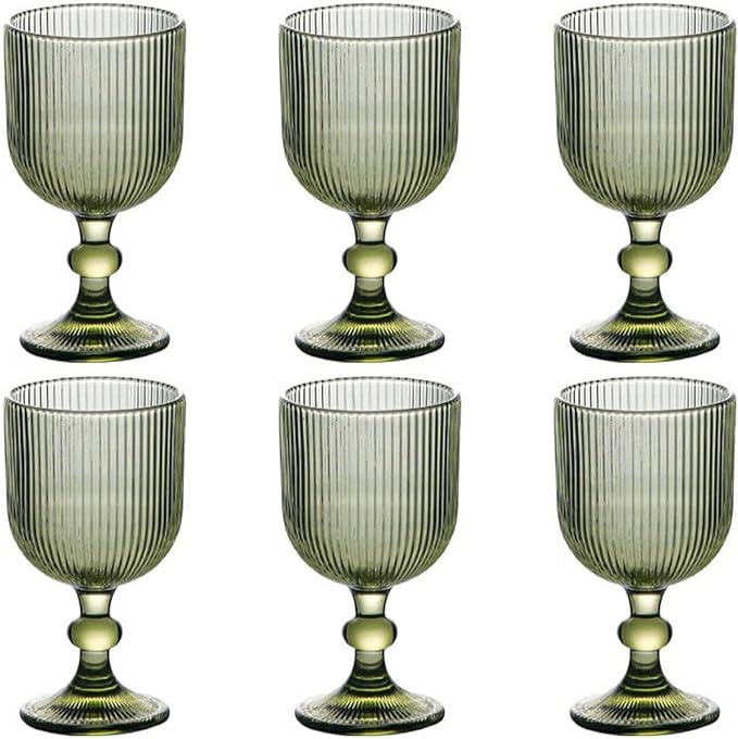 Taganov Green Drinking Glasses set of 6 Big Wine Goblets Vintage Colored Glassware 13 oz for Wedding Party Bar Vertical Line Embossed Pattern Stemmed Cups 400ml by Taganov