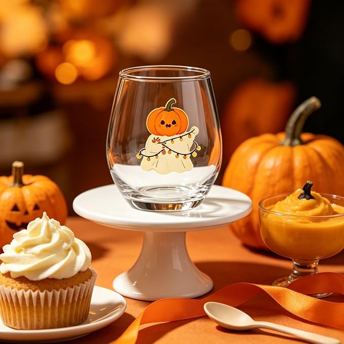 Halloween Stemless Wine Glass, Cute Pumpkin Ghost Cat Egg Shaped Tumbler, Clear Waterproof Printed Glassware, Festive Decorative Cup, Halloween Party Supplies & Holiday Gift for Women, D - Image 2