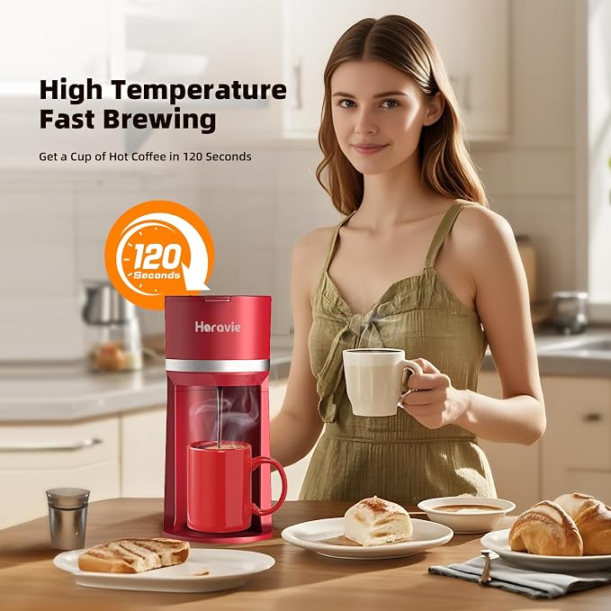 Horavie Mini Single Serve Coffee Maker for K-Cup Pods and Grounds, Fast Brew One Cup Coffee Machine with Descaling Reminder and Water Window, 6 to 12 oz. Brew Sizes, Red - Image 4