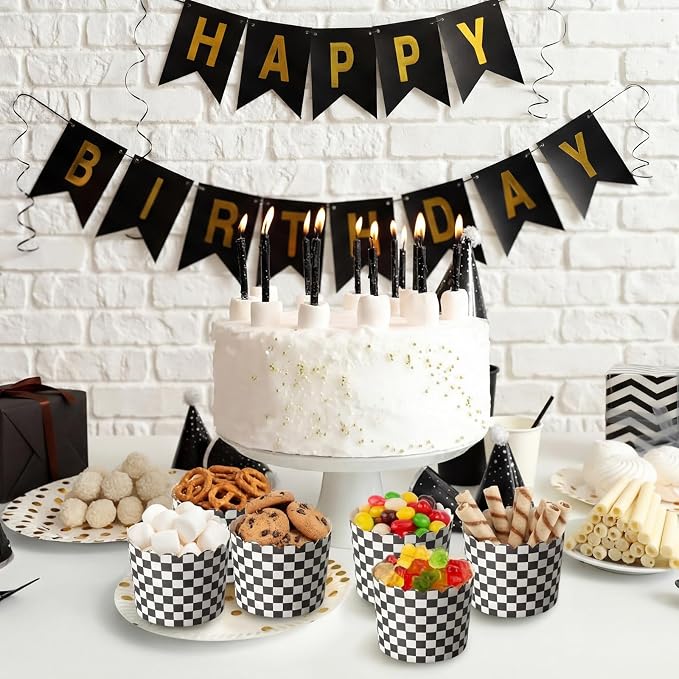 Qinyoung 150 Pcs Race Car Checkered Cupcake Wrappers Liners Black and White Paper Baking Cup Greaseproof Disposable Scalloped Checkered Flag Muffin Case for Racing Car Birthday Party Baby Shower Decor - Image 4