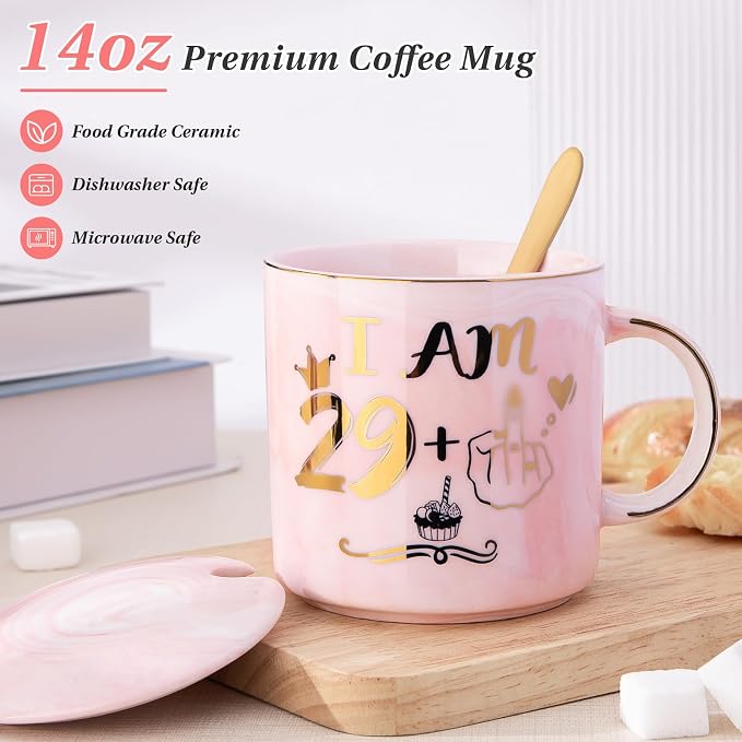 Funny 30th Birthday Gifts for Women - 14oz Pink Mug with Cheeky 29+1 Joke | Elegant Marble Ceramic Gold Print Coffee Cup, with Greeting Card, Beautiful Gift Box, Perfect for Birthday Celebration, Party - Image 2