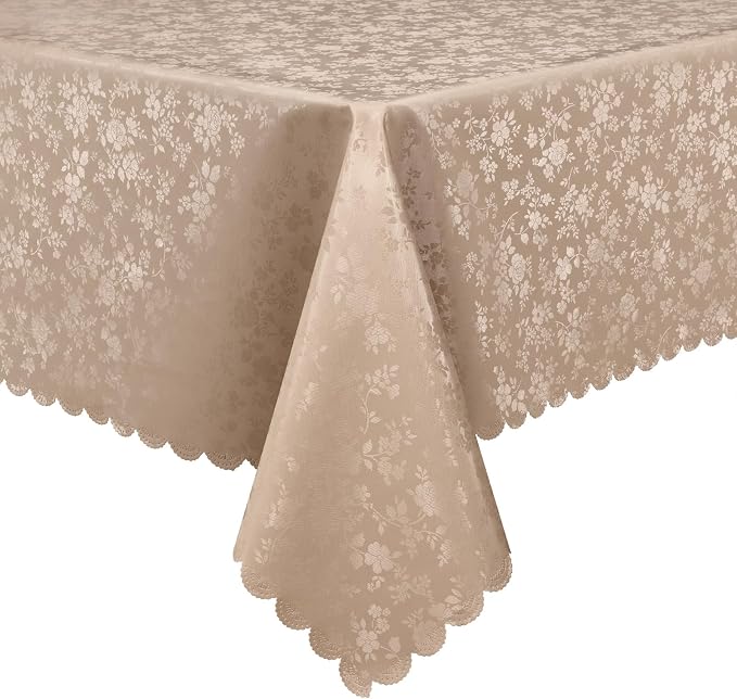 Smiry Rectangle Waterproof Heavy Duty Vinyl Tablecloths, 52 x 70 Inch | Wipeable Washable Floral Embossed Table Cover for Kitchen and Dining Room, Indoor & Outdoor Use, Khaki by Smiry