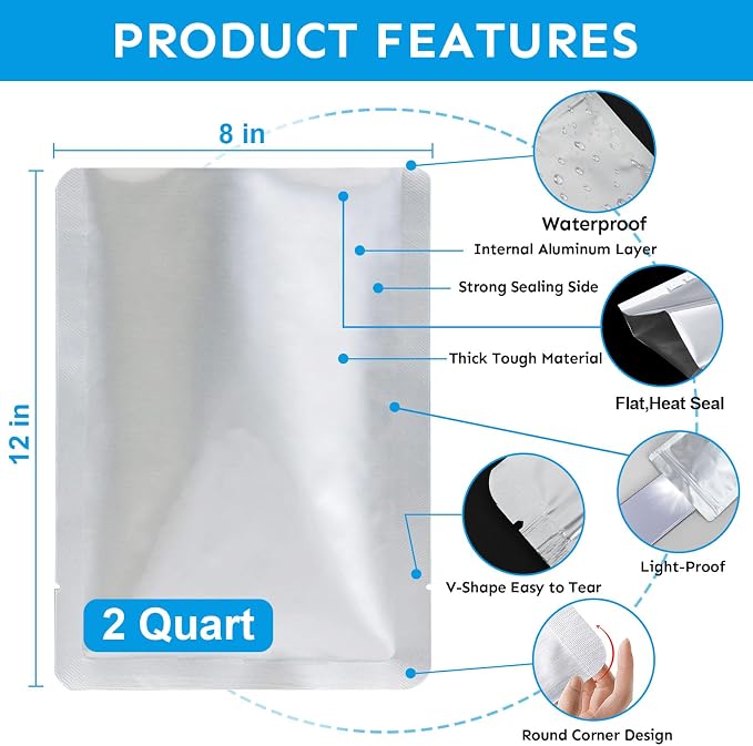 50 PCS 2 Quart Mylar Bags for Food Storage,8" x 12" Resealable Heat Seal Flat Pouches for Long Term Food Storage,Dried Food,Coffee Beans,Tea,Grains,BPA Free(No Zipper,Flat Bottom) - Image 2