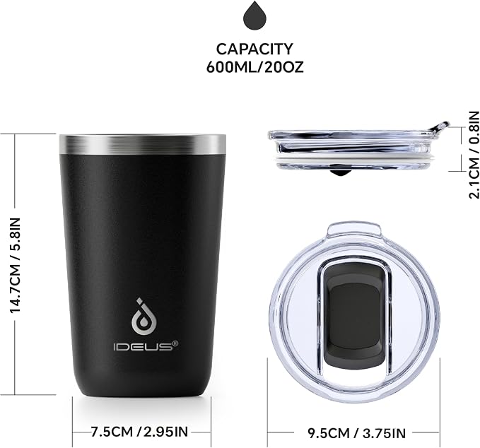 Ideus 20 oz Tumbler, Travel Coffee Mug with Splash Proof Sliding Lid, Double Wall Stainless Steel Vacuum Insulated Coffee Mug for Home and Office, Keep Beverages Hot or Cold, Black - Image 6