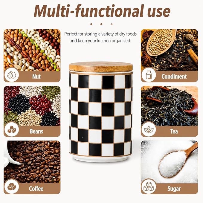 Kitchen Countertop Ceramic Checkered Canisters,Black And White Food Storage Containers With Lid,Airtight Kitchen Canisters for Flour, Sugar, Coffee, Tea, and Dry Goods (Black, Small) - Image 3