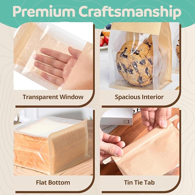 O’Creme 50 Pcs. Small Bakery Bags with Window, Cookie Bags Brown Paper Bag with Resealable Tin Tie Tab for Cookies, Treats, Baked Goods, Muffins, Pastries, Granola, Coffee Beans (11”x5”x4”) - Image 4