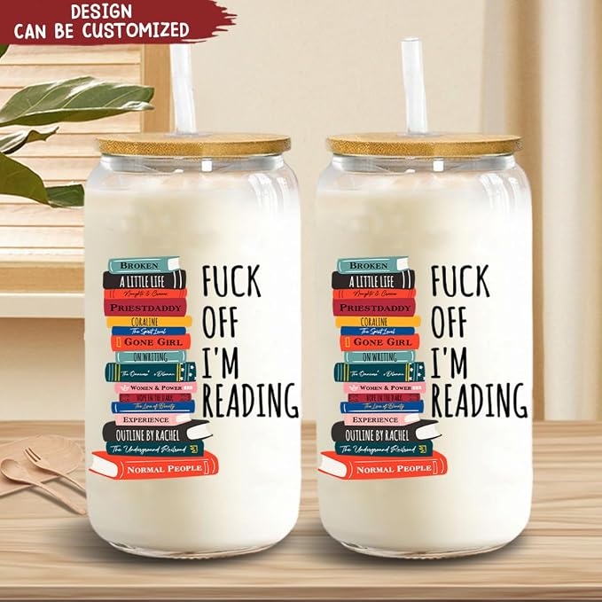 F- Off I'm Reading Funny Book Lovers - Personalized Clear Glass Cup Novelty Coffee Iced Tea Glassware Bookworm Aesthetic Drinkware - Image 2