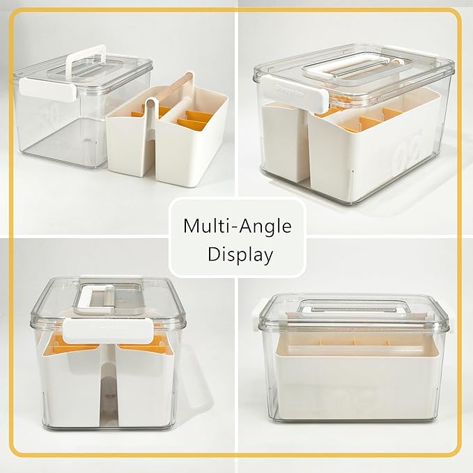 Art Craft Caddy with Lid - Art Supply Storage Organizer, Teacher Tool Box, Clear Craft Box for Kids(11'', Orange, 2in1 Set)