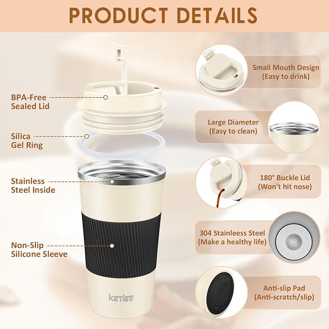 KETIEE 12oz Travel Mug: Vacuum Insulated Coffee Cup with Leakproof Lid, Travel Coffee Mug Stainless Steel Double Walled Reusable Coffee Cup for Hot and Cold Water Tea (Beige) - Image 3