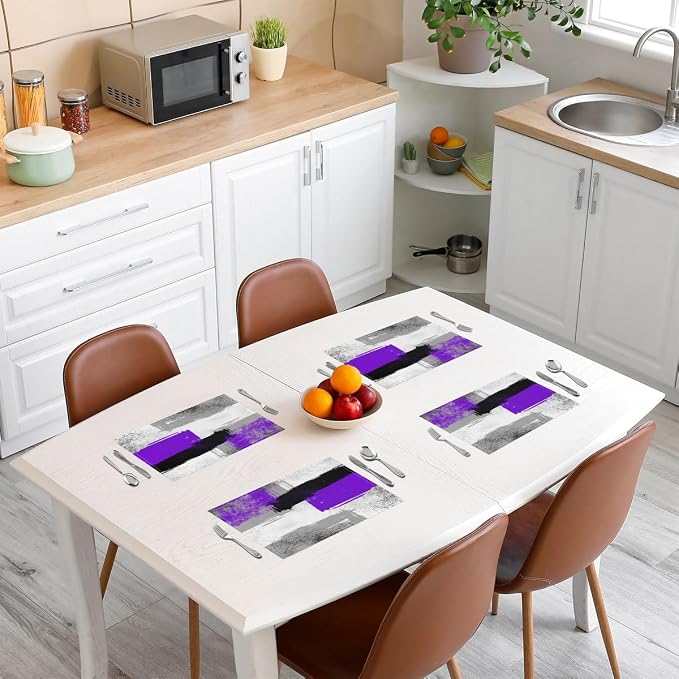 Feelyou Purple Black Grey White Placemats Set of 4 for Kids Boys Girls Abstract Placemat for Kitchen Dining Table Decor Indoor Outdoor 18"x12" Ombre Modern Table Place Mats, Decor Buffalo Check - Image 3