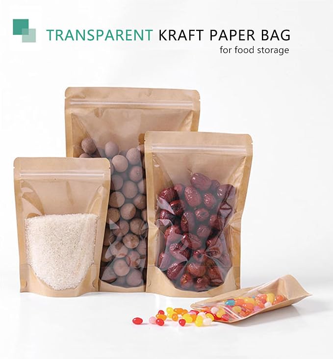 50pcs Kraft Bags With Window Clear Fornt Pouches Resealable Stand Up Zip Lock Food Storage Bags Brown 5.5"x7.8" - Image 2