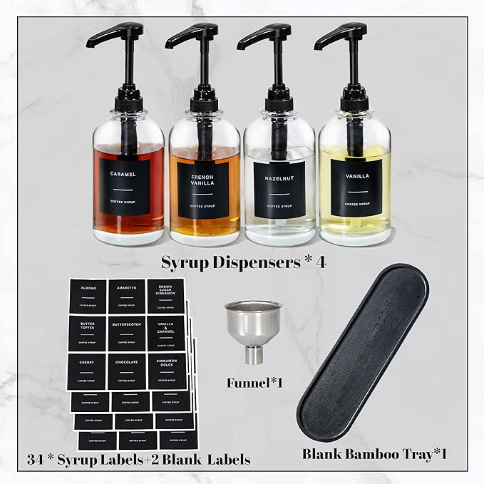 Coffee Syrup Dispenser - Glass Dispenser with 1/4oz Large Capacity Pump, Coffee Bar Organizer, Black, 16oz