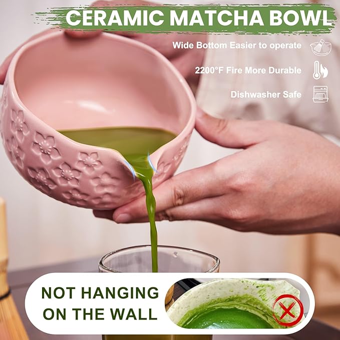 Matcha Whisk Set, Sakura Pink Ceramic Matcha Set Includes Matcha Bowl, Matcha Whisk (Chasen) and Holder, Sifter, Bamboo Scoop & Spoon - 6 Pcs Matcha Kit for Matcha Lovers
