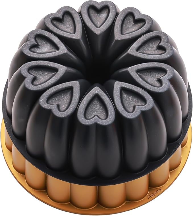 Heart Shape Aluminum Cake Pan, Titanium Coating, Non-Stick, 12 Cups, Gifts for Mom, 10 Inch Baking Mold, Cast Aluminum Fluted Tube Pan, Easy to Clean (2-Pack, Black-Gold) - Image 4