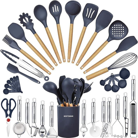 Cooking Utensils Set- 35 PCs Kitchen Utensils with Grater,Tongs, Spoon Spatula &Turner Made of Heat Resistant Food Grade Silicone and Wooden Handles Kitchen Gadgets Tools Set for Cookware by BESTZMWK