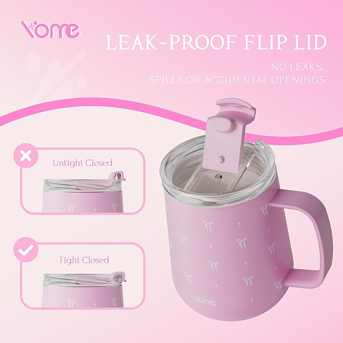 YOME 10oz Elegant Bow Pink Insulated Coffee Mug with Handle for Women | Ceramic Lined Coffee Mug with Splash-Resistant Lid| Pure Taste Stainless Steel Coffee Cup | Easy to Clean | Keeps Drinks Cold - Image 5