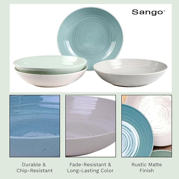 Sango Siterra Artist's Blend Stoneware Pasta Bowls (Set of 4) Multi Assorted Colors– Featuring Soft Gray, Blue, Green, and Ivory, for Everyday Dining & Entertainment, Microwave & Dishwasher Safe - Image 7