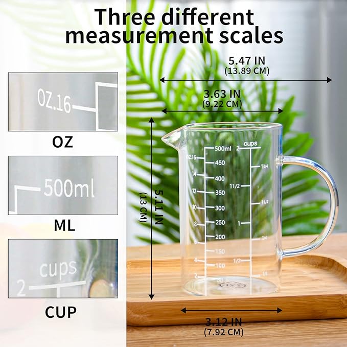 77L Glass Measuring Cup, [Insulated handle, V-Shaped Spout], High Borosilicate Glass Measuring Cup for Kitchen or Restaurant, Easy To Read, 500 ML (0.5 Liter, 2 Cup)