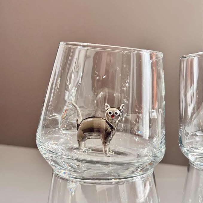 Cat Figurine Glass Cup 3D Animal Artisan Glassware Collection Handmade Cute Wine Cup Meow Garden Crystal Cat Tumbler Gothic Decorations Stemless Wineglass - Image 2
